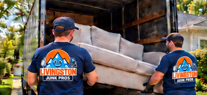 Livingston Junk Pros crew loading a couch into a truck