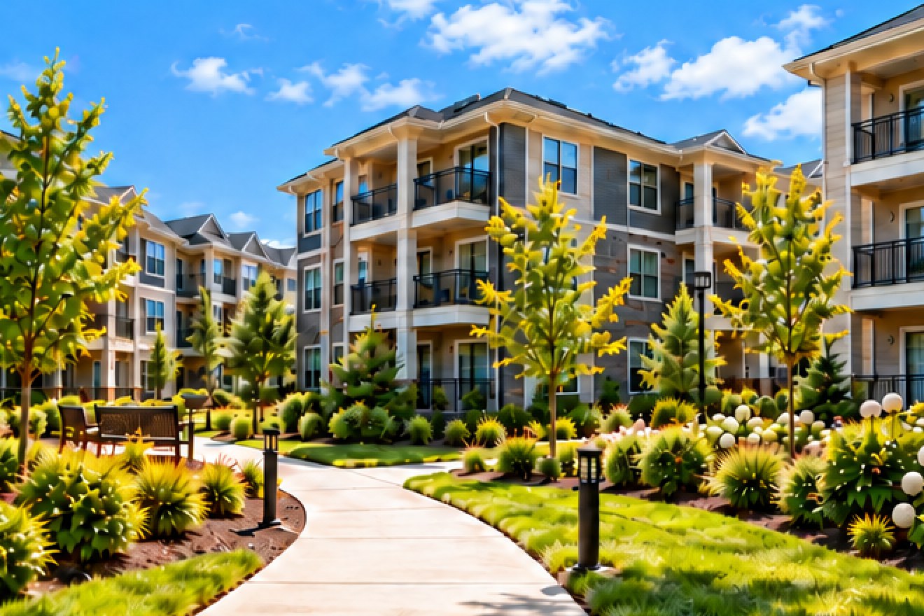 Apartment community with landscaped walkway