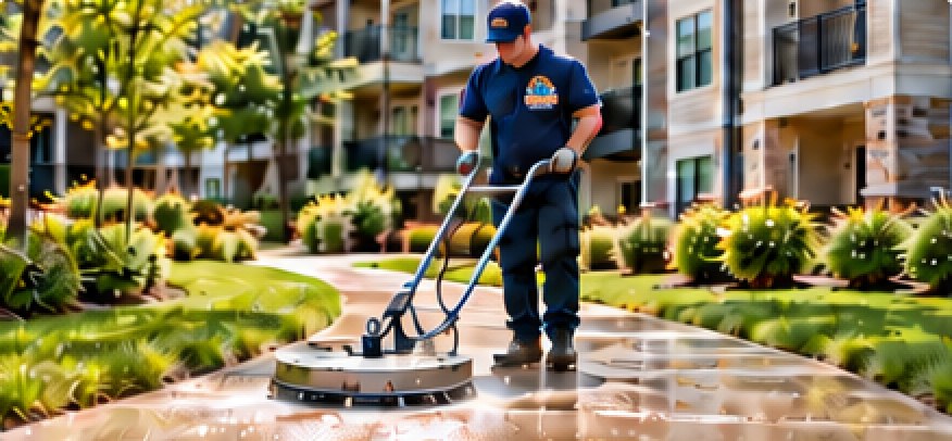 Livingston Pro Wash crew member pressure washing a walkway at an apartment community